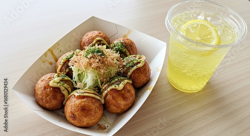 Delicious Takoyaki Balls and Lemonade Refreshment on Table