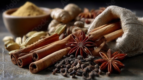 Close-Up of Star Anise, Cinnamon Sticks, and Cloves on Table