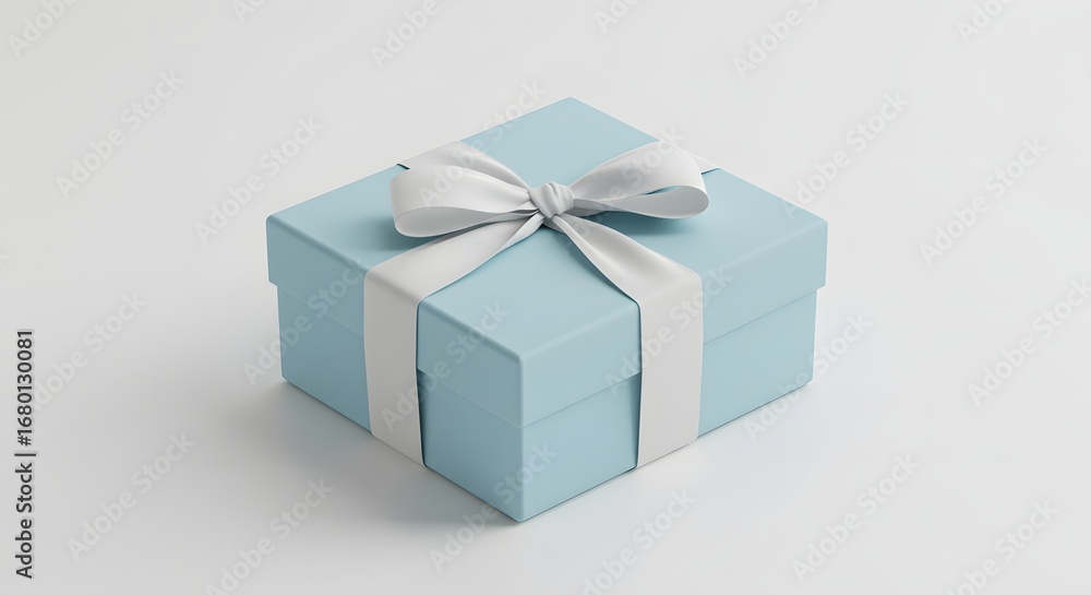 Obraz premium A light blue gift box with a white ribbon and bow on a white background.