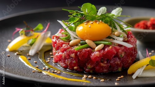 Close-up of Yukhoe Raw Beef Tartare with Asian Pear and Egg Yolk