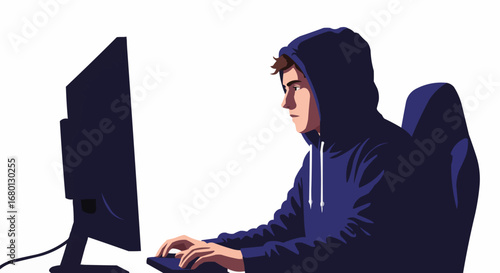 Intense Man Gamer or Programmer Wearing Hoodie and Focused on Computer, Isolated White Background