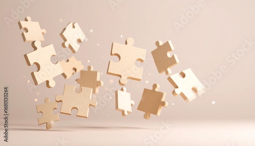 3D puzzle pieces interlocking in mid-air