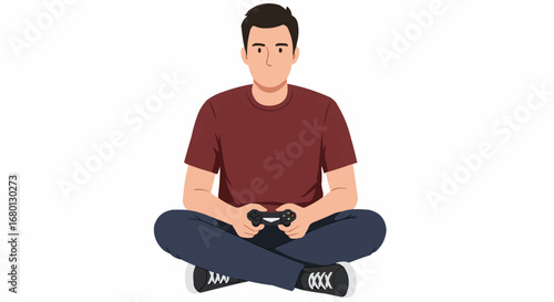 Casual Man Gamer Playing Video Game Sitting Cross-Legged with Controller, Isolated White Background