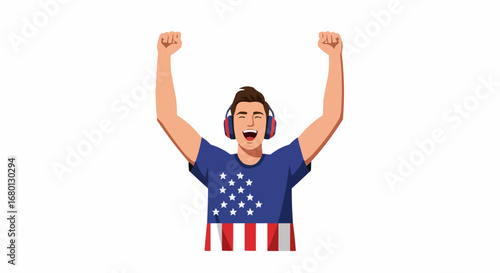 Excited Man Gamer Celebrating Victory Raising Arms with Patriotic Shirt and Headphones, Isolated White Background
