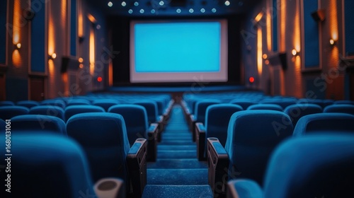 Empty Blue Seats in a Movie Theater with a Blank Screen