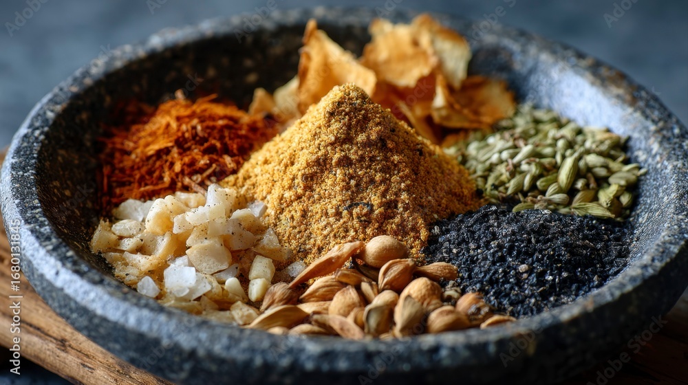 Fototapeta premium Colorful Detail Shot of Shichimi Togarashi Spice Mixture in Bowl