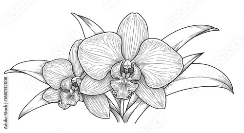 Detailed Line Art of Orchid Flowers and Leaves – Vintage Botanical Sketch