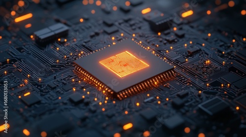 Illuminated Microchip on a Circuit Board