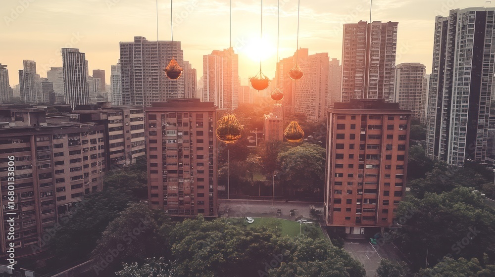 Obraz premium Futuristic urban landscape showcasing sustainable living pods against a city skyline