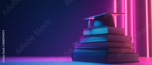Graduation Cap on Stack of Books in Neon Light