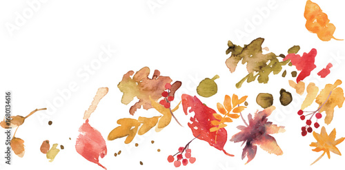 水彩画。水彩タッチの絵の具と枯葉の秋ベクターフレーム。紅葉のイラスト。秋の葉っぱの背景。
Watercolor painting. Autumn vector frame with watercolor paints and dead leaves. Illustration of autumn leaves. Autumn leaves background.