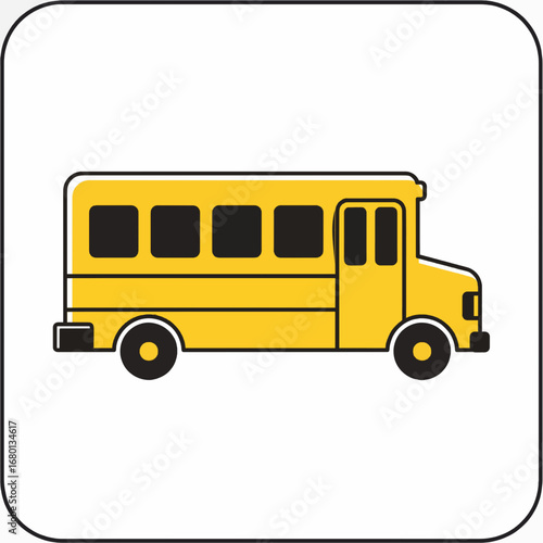 Minimalist vector icon of a school bus in flat geometric style with simple lines. Yellow and black design, perfect for infographics, apps, and education graphics.