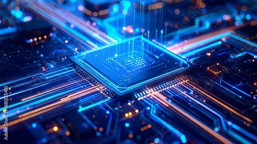 Futuristic circuit board with glowing pathways, symbolizing advanced technology and connectivity,