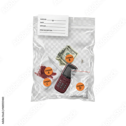 Crime scene evidence bag with bloodied cloth, cash, phone, and drugs for investigation