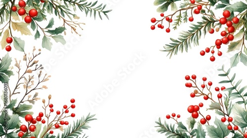 Wallpaper Mural Watercolor Illustration of Red Berries and Green Foliage Bordering a White Background Torontodigital.ca