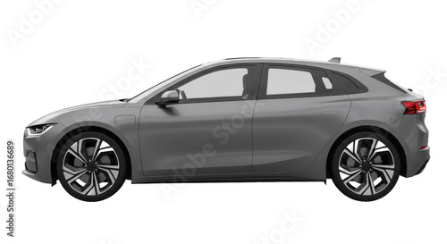 Modern gray hatchback passenger car side profile view.