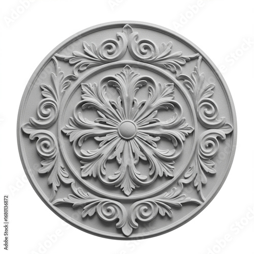 Photorealistic stucco rosette element isolated on white, ornate and detailed design.
