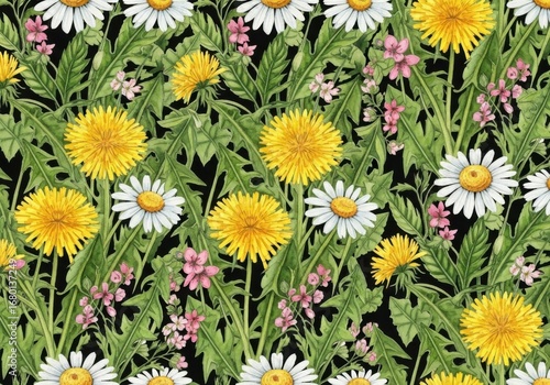 Wildflower meadow pattern with yellow dandelions and white daisies on black