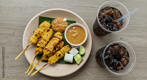 Delicious Chicken Satay Skewers with Peanut Sauce and Refreshing Drinks on a Rustic Table