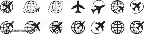 Black airplane silhouettes with globe icons depicting air travel and international flight routes on white background