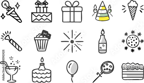 Vector illustration of various party related objects including cake, gifts, balloon, and party favors in black and white