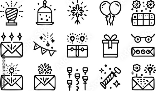 Vector illustration of birthday party elements including cake, sparklers, balloons, and gift boxes in black outline