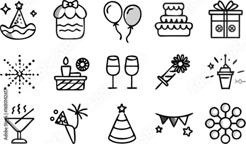 Vector a collection of party themed icons including hats cake balloons gifts and drinks in black and white outline