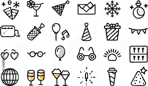 Vector illustration of party themed icons including masks, drinks, balloons, and other festive elements drawn in line art