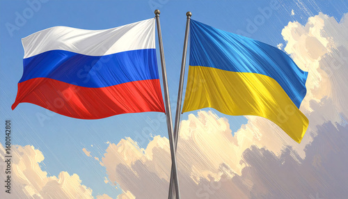 The Russian flag and the Ukrainian flag fly together