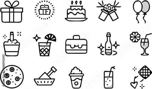 Vector illustration of party and celebration icons including gifts cake balloons drinks and food in black outline