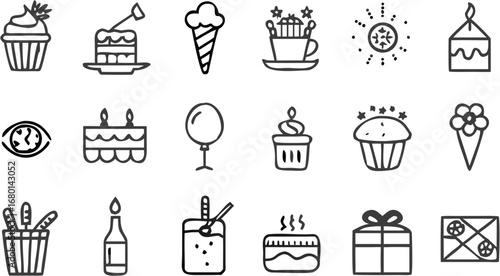 Vector illustration of various party and celebration themed icons including cake, ice cream, gifts, and balloon