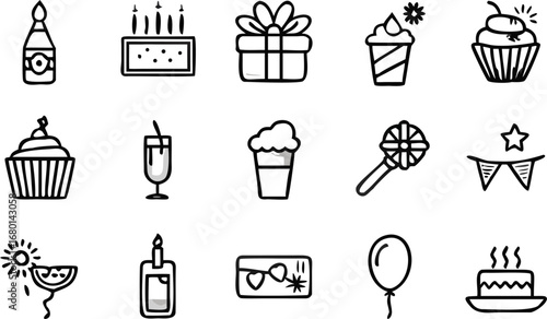 Vector collection of hand drawn birthday party icons including cake cupcake gift and other celebration elements