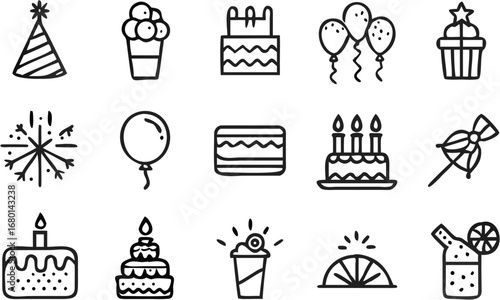 Vector illustration of party elements including cakes balloons party hat and drinks in a black outline style