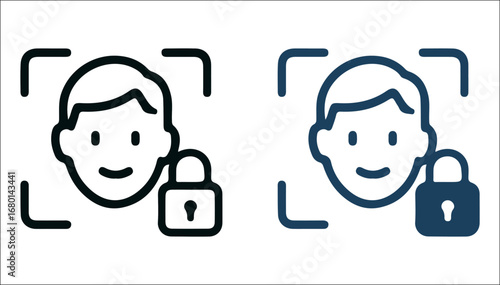 A digital illustration, two instances of a simplified face are enclosed in security frames, symbolizing digital identity access, and security concepts.