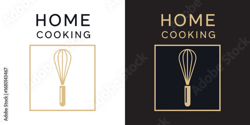 home cooking vector . Whisk Cooking Logo. Whisk Kitchen Icon In Line Style. Dissert Caffee Logo.