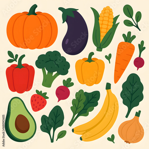 Colorful flat vector illustration of fresh fruits and vegetables including pumpkin, eggplant, corn, peppers, broccoli, avocado, and leafy greens on beige background.