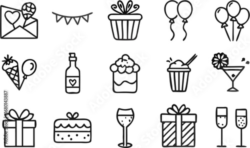 Vector collection of doodle style birthday party elements including gifts balloons and drinks in black and white vector