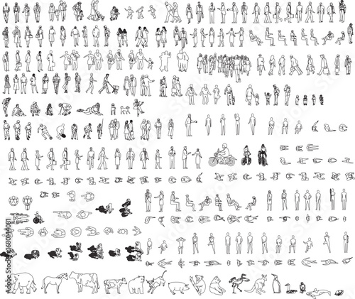 2D Drawing Vector Illustration – People with Different Poses and Animals Collection