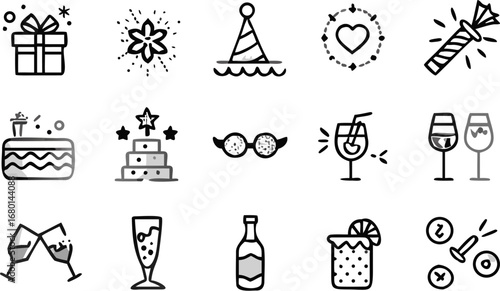 Vector collection of party celebration icons including a gift, fireworks, hat, heart, cake, and drinks set