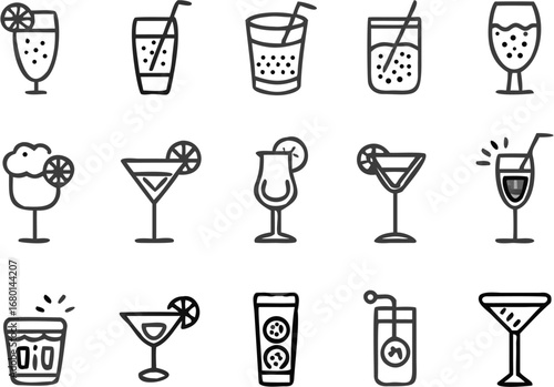 Vector illustration of various cocktail glasses with different shapes and garnishes in a minimalist style design