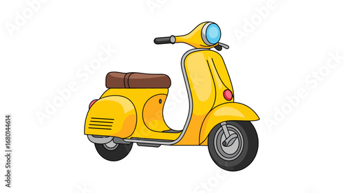 Bright yellow vintage scooter with brown seat and blue helmet
