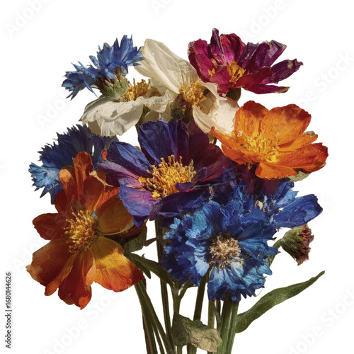 Colorful bouquet of dried wildflowers including cornflowers and poppies in shades of blue purple white and orange