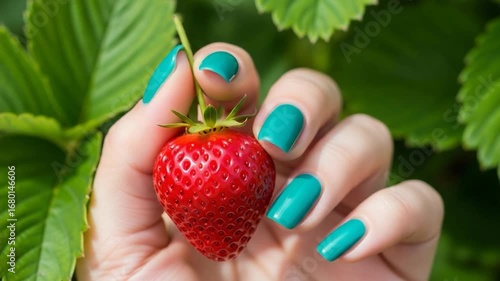Hand Holding Fresh Strawberry with Green Nail Polish.