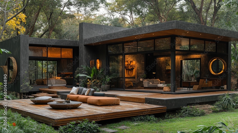 Obraz premium Modern Forest House with Dark Concrete Exterior, Glass Walls, and Wooden Decks, Featuring Luxurious Outdoor Living Areas and Warm Interiors Amidst Lush Greenery