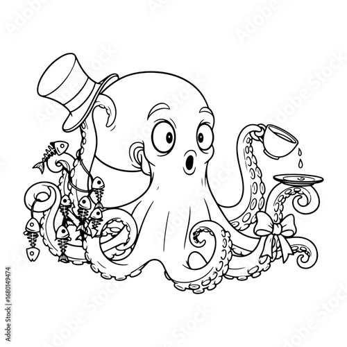 Cartoon octopus holding a teacup: Can work as creative footage for children's stories, cooking blogs, home kitchen businesses, or tea/coffee store posters and branding materials.