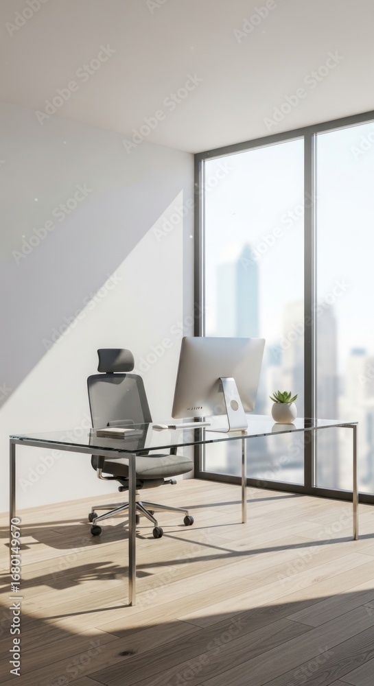 Fototapeta premium Bright and Minimalist Modern Office Interior with Glass Desk, Ergonomic Chair, Computer, and Cityscape View from Large Window, Bathed in Sunlight and Shadows