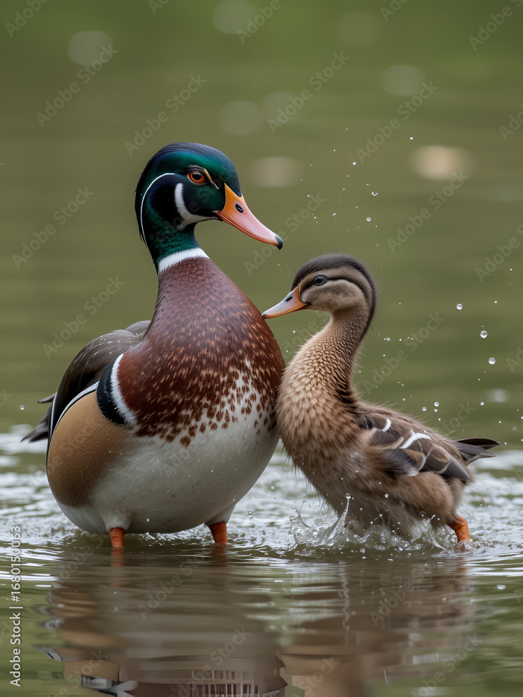 Fototapeta premium A male wood duck (Aix sponsa) getting aggressive with a female wood duck who previously charged at him to get him away from her babies.