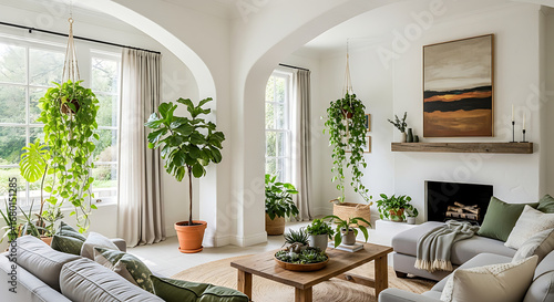 Bright and Airy Living Room Filled with Lush Green Houseplants.