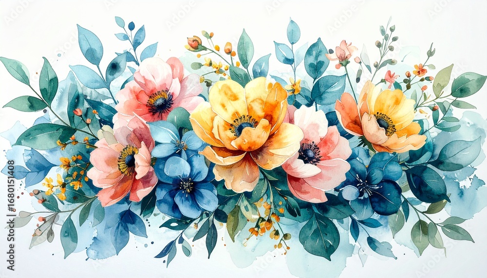 Fototapeta premium Vibrant watercolor floral arrangement with coral, yellow, and blue blossoms, perfect for invitations and decor