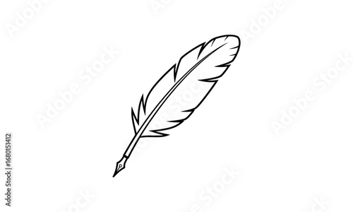 A single black and white line drawing of a quill pen with a feather, angled upwards on a white background